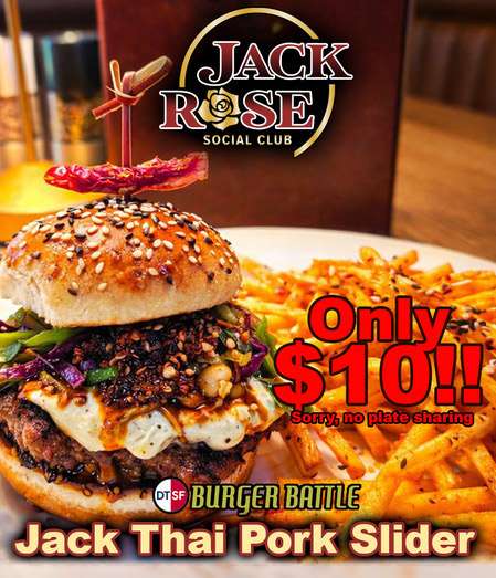 burger battle: Jack Thai Pork Slider Burger from Jack Rose Social Club. A smaller burger filled with a variety of Thai ingredients.